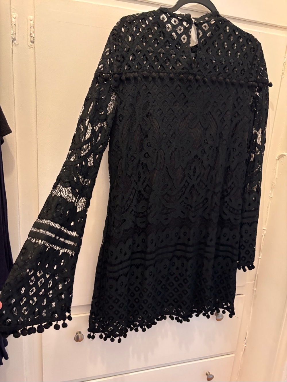 Black Lace Long-Sleeve Mini Dress with Pom Trim
